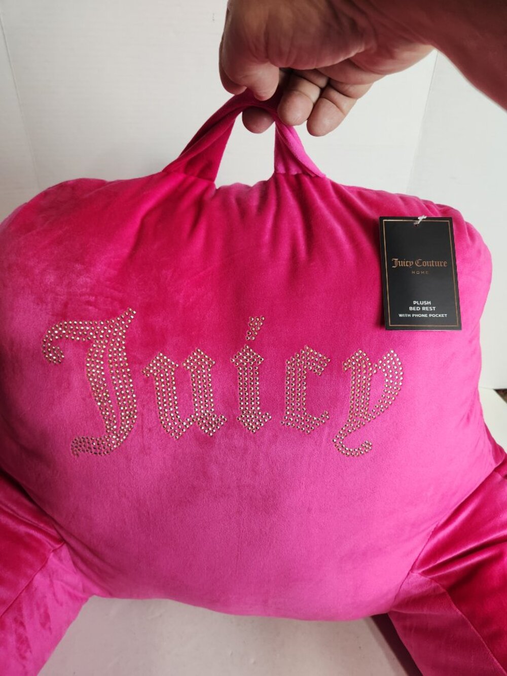 NWT Juicy Couture Home Hot Pink Plush Bed Rest Pillow Backrest w/Phone Pocket - Picture 16 of 16
